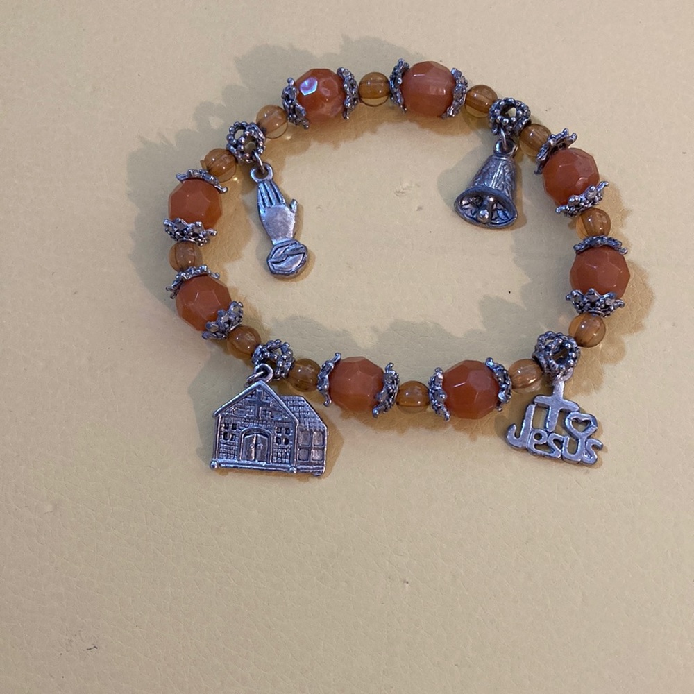 Jesus Stretch Caramel Beaded Bracelet With Silver Religious Charms